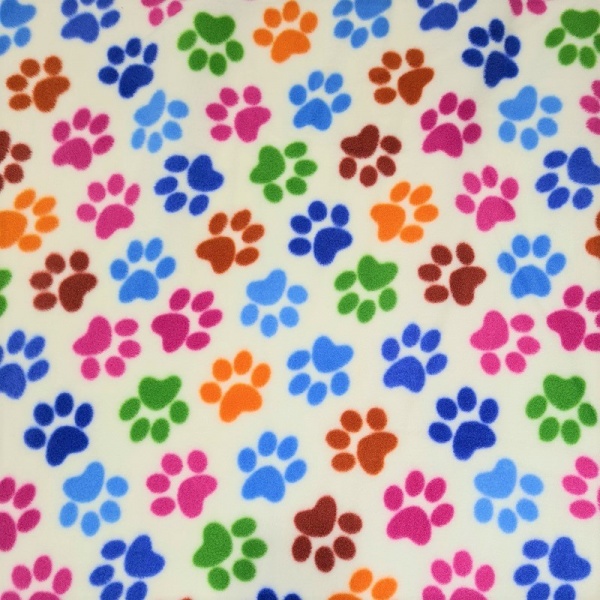 Anti Pill Fleece Fabric - Multi Paws on Ivory